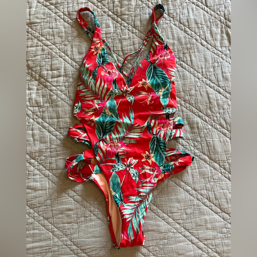 PacSun La Hearts red tropical leaf print strappy side one piece swimsuit